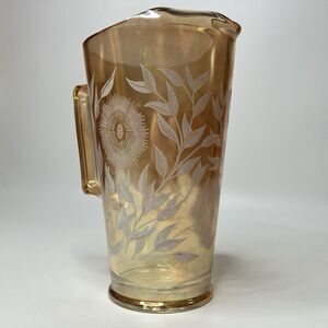 Vtg Carnival Glass Pitcher 10" Jeannette Iridescent Marigold  White Cosmos